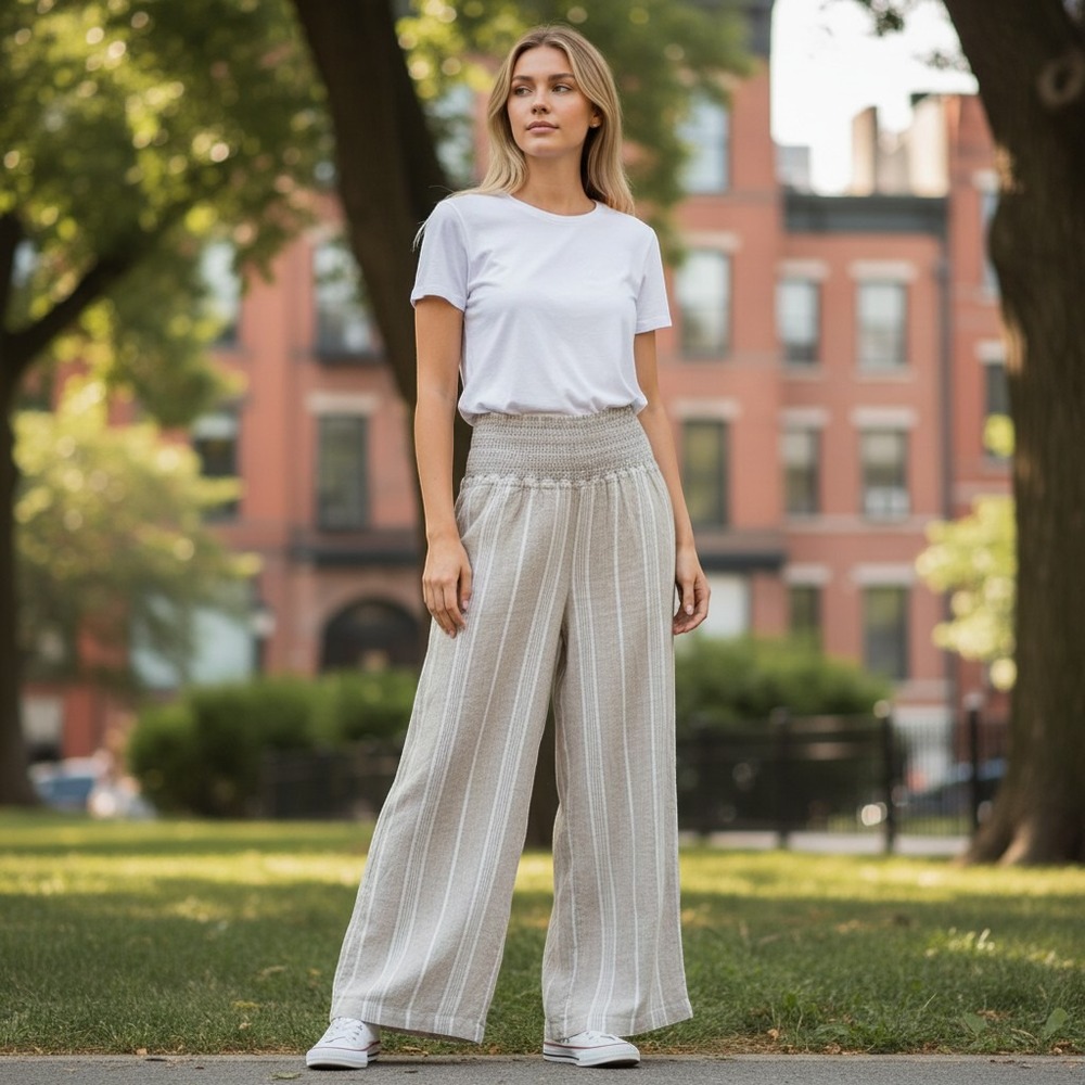 Happily Grey Striped Smocked Wide Leg Pants Women Large Beige Excellent Linen